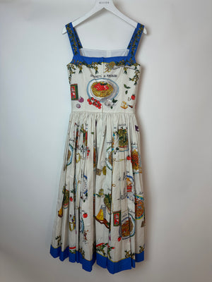 Dolce Gabbana Pasta Print White & Blue Midi Dress Size IT 38 (UK 6)
