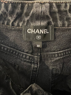 Chanel Dark Grey Boot-Cut Jeans with Crystal Logo Detail and Champagne Gold CC Logo Button Size FR 36 (UK 8)