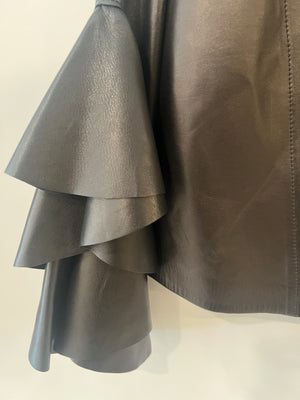 Alexander McQueen Black Leather Cropped Jacket with Ruffled Sleeves Size IT 40 (UK 8)