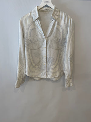 Hermès White and Grey "Doigts de fée" Silk Printed Shirt Size FR 38 (UK 10)