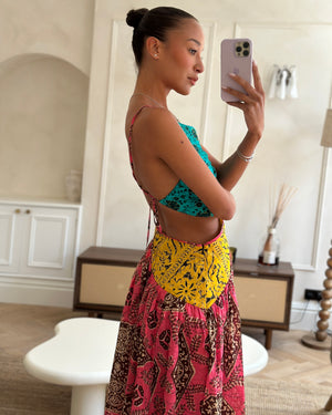 Zimmermann Pink, Yellow and Blue Printed Cotton One Shoulder Midi Dress with Cross Back Tie Detail Size 1 (UK 10)