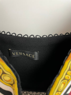 Versace Yellow, Black, Brown Medusa Pattern Bustier and Shorts Set with Lace & Gold Button Details Size IT 36/40 (UK 4/8)