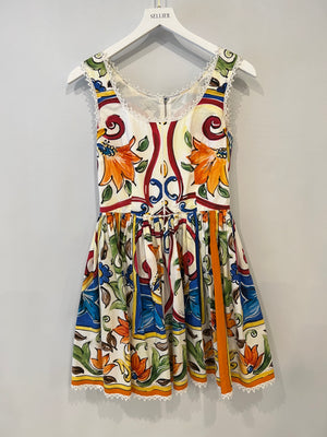 Dolce & Gabbana Multicolour Majolica Printed Sleeveless Mini Dress with Lace Trim Details Size IT 38 (UK 6)
