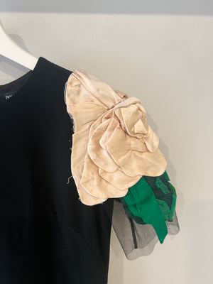 Dolce & Gabbana Black Mini Dress with Mesh Short Sleeves and Floral Shoulder Details Size IT 42 (UK 10)