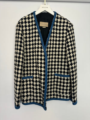 Gucci Black & White Houndstooth Wool Jacket with Electric Blue Thread Detail Size IT 36 (UK 4)