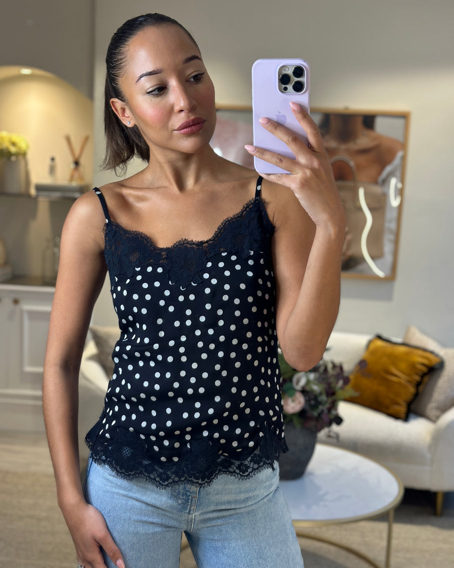 Dolce & Gabbana Black and White Polkadot Top with Lace Hem Detail Size S (UK 8)