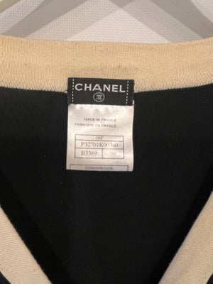 Chanel Black Cashmere Long Cardigan with Cream Trim Detail, Gold Glitter and Silver CC Buttons Size FR 38 (UK 10)