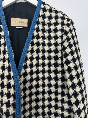 Gucci Black & White Houndstooth Wool Jacket with Electric Blue Thread Detail Size IT 36 (UK 4)