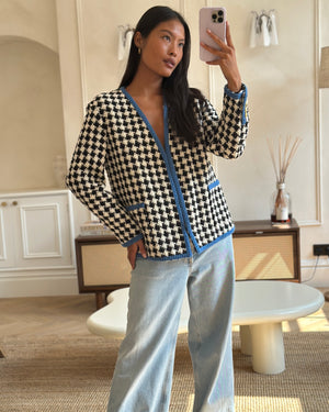 Gucci Black & White Houndstooth Wool Jacket with Electric Blue Thread Detail Size IT 36 (UK 4)