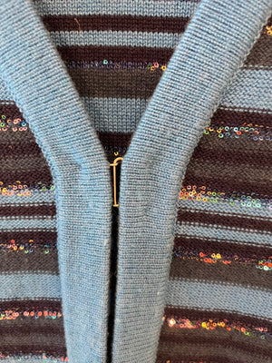 Chanel 20C Blue and Navy Cashmere Striped Long Cardigan with Multicolour Sequins Detail and Silver Camelia CC Buttons Size FR 36 (UK 8)