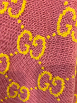 Gucci Pink and Yellow Wool GG Monogram Cardigan with Mother of Pearl Buttons Size XL (UK 12/14) RRP £1,300