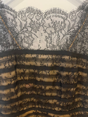 Oscar De La Renta Black and Nude Silk Lace Midi Dress With Bow Detail Size US 6 (UK 10)