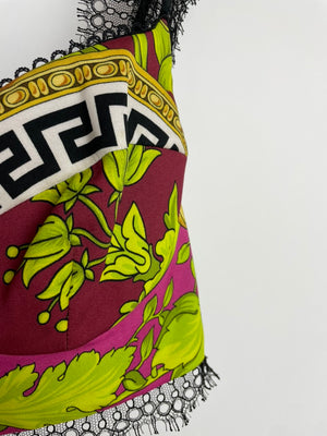 Versace Yellow, Black, Brown Medusa Pattern Bustier and Shorts Set with Lace & Gold Button Details Size IT 36/40 (UK 4/8)