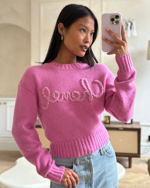 Chanel 20/B Pink Cashmere Jumper with Pearl Logo Detail Size FR 36 (UK 8)