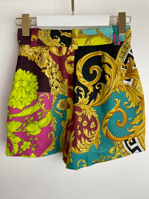 Versace Yellow, Black, Brown Medusa Pattern Bustier and Shorts Set with Lace & Gold Button Details Size IT 36/40 (UK 4/8)