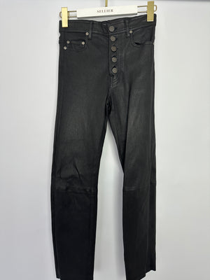 Joseph Black Stretch Leather Slim Trousers with Ruthenium Buttons Size FR 32 (UK 4)