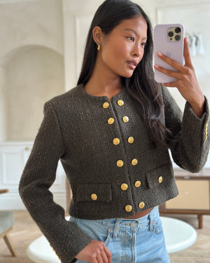 Celine Khaki Green Cropped Jacket with Gold Crest Button Details Size FR 34 (UK 6)