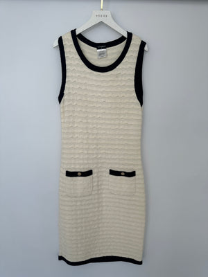 Chanel Cream Sleeveless Midi Dress with Navy Hem and Pocket Detail Size FR 34 (UK 6)