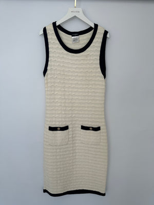 Chanel Cream Sleeveless Midi Dress with Navy Hem and Pocket Detail Size FR 34 (UK 6)