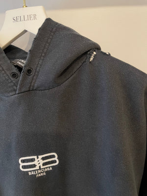 Balenciaga Black Distressed Hoodie with BB Logo Details Size S (UK 8)