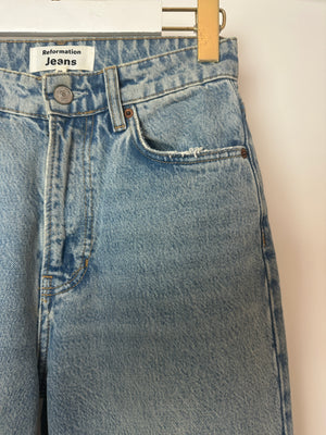 Reformation Light Blue Straight Fit Jeans with Distressed Pocket Detailing Size 24 (UK 6)