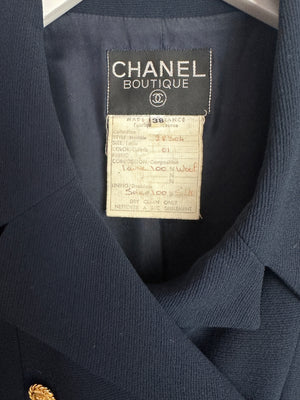 Chanel Vintage Navy Double Breasted Wool Blazer Jacket and Skirt Set with Gold CC Logo Button Detail FR 38 (UK 10)