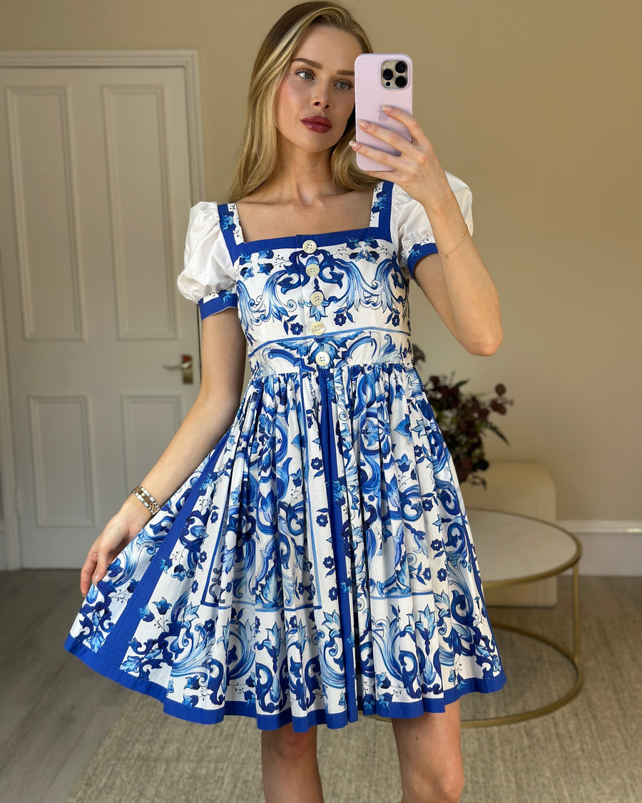 Dolce and Gabbana Blue and White Floral Mini Dress Size IT 42 (UK 10)