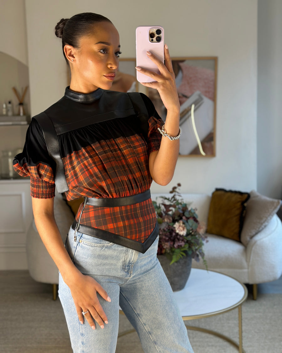 Louis Vuitton Red Check Top with Black Leather Detail Size FR 34 (UK 6)