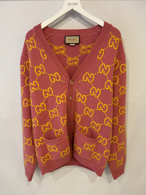 Gucci Pink and Yellow Wool GG Monogram Cardigan with Mother of Pearl Buttons Size XL (UK 12/14) RRP £1,300