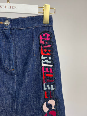 Chanel Dark Indigo Denim Midi Skirt Multi-Colour Gabrielle Coco Print Size FR 34 (UK 6)