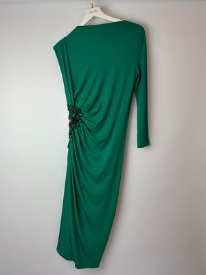 Zuhair Murad Green One-Sleeve Midi Dress with Crystal Embroidery Size IT 46 (UK 14)