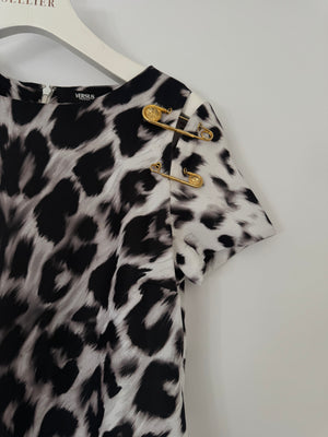 Versus Versace Black, White Leopard Print Dress with Gold Pin Detail Size IT 38 (UK 6)