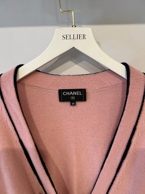 Chanel Spring 2021 Pink Cashmere Long Belted Cardigan with Navy Trim Details and Gold Number 5 Buttons Size FR 38 (UK 10)