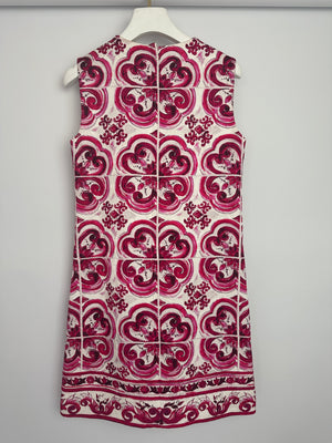 Dolce & Gabbana White and Pink Maiolica Sleeveless Mini Dress Size IT 38 (UK 6)