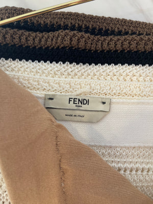 Fendi Cream Crochet Midi Skirt with Black and Brown Trim Detail Size IT 42 (UK 10)
