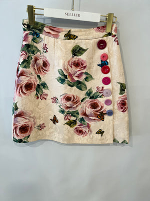 Dolce & Gabbana Pink Floral Mini Skirt with Large Button Details and Back Logo Size IT 40 (UK 8) RRP £800