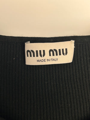 Miu Miu Black Cropped RIbbed Tank Top with Keyhole and Gold Logo Detail Size IT36 (UK 4)