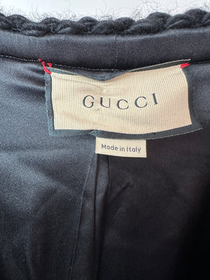 Gucci Black & White GG Supreme Wool Cardigan with Black Braided Trim & Cream Enamel Button Details Size XL (UK 16)