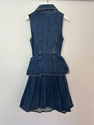 Self-Portrait Denim Gilet & Pleated Skirt Set with Multicolour Buttons Detail Size (UK 6)