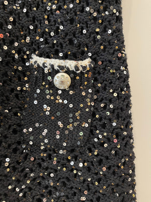 Chanel SS/23 Black Sequin Embellished Mini Dress with Bow and CC Crystal Buttons Details Size FR 36 (UK 8)