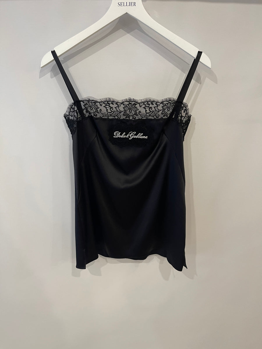 Dolce & Gabbana Black Lingerie Silk Lace Top with Logo Detail Size FR 38 (UK 10)