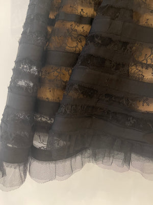 Oscar De La Renta Black and Nude Silk Lace Midi Dress With Bow Detail Size US 6 (UK 10)