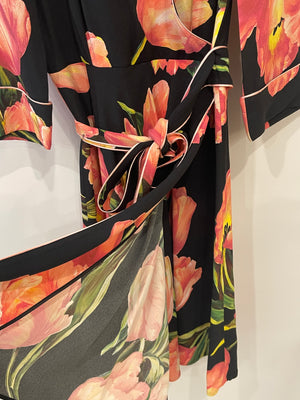 Dolce & Gabbana Black and Pink Floral Midi Dress with Belt Detail Size IT 42 (UK 10)