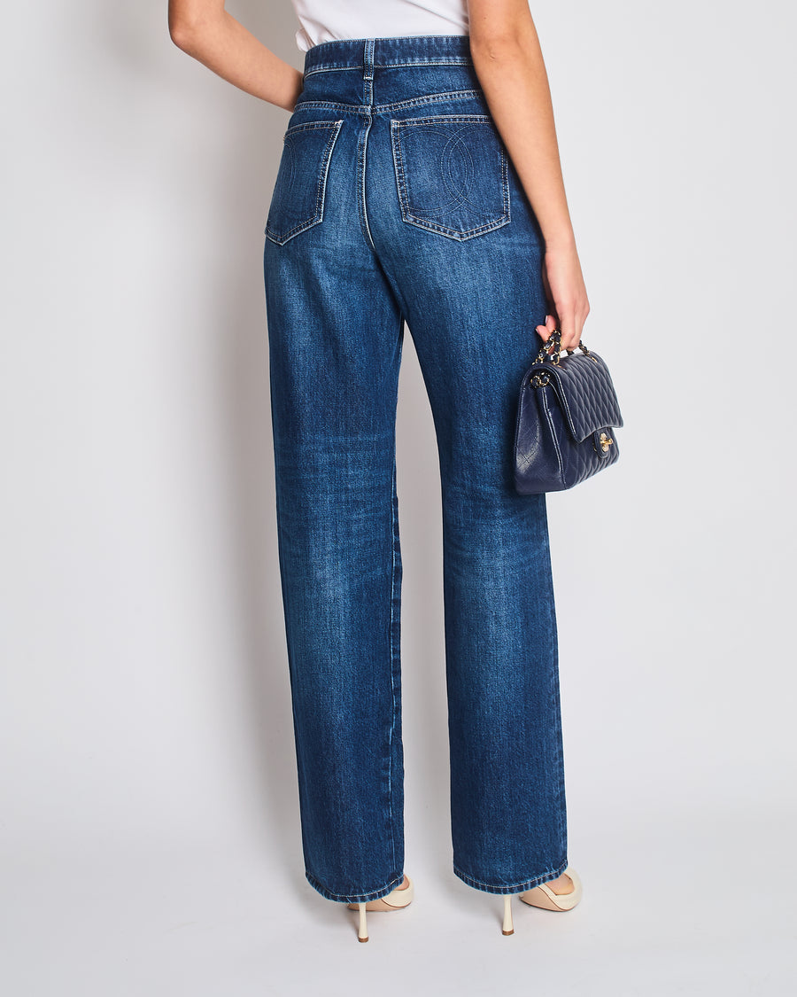 Chanel Blue Stone Wash High-Rise Camellia CC Jeans Size FR 40 (UK 12)