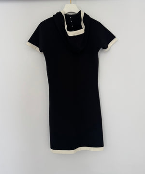 Chanel Black and White Short Sleeve Knitted Hoodie Dress with Crystal Buttons and Pocket Detail Size FR 34 (UK 6)