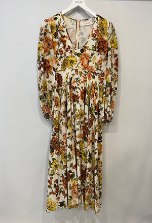 Zimmermann White, Orange, Green Floral Printed Silk Midi Dress Size 1 (UK 10)