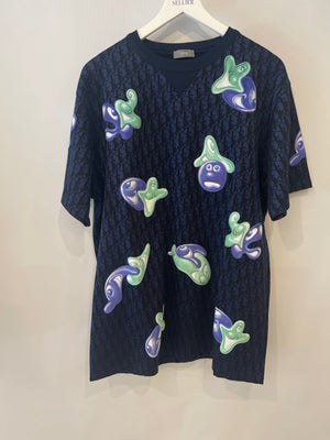 Christian Dior x Kenny Scharf Blue Dior Oblique T-Shirt with Purple and Green Appliqués Size XL (UK 42) RRP £1,100