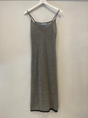 Prada Grey Cashmere Sleeveless Midi Dress with Black Lace Trim Detail Size IT 36 (UK 4)