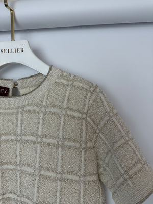 Gucci Cream and Gold Metallic Check Short Sleeve Jumper with Gold Button Logo Size S (UK 8)