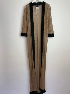 Chanel 03/P Brown Crochet Knitted Long Line Cardigan with Black Trim Detail Size FR 40 (UK 12)